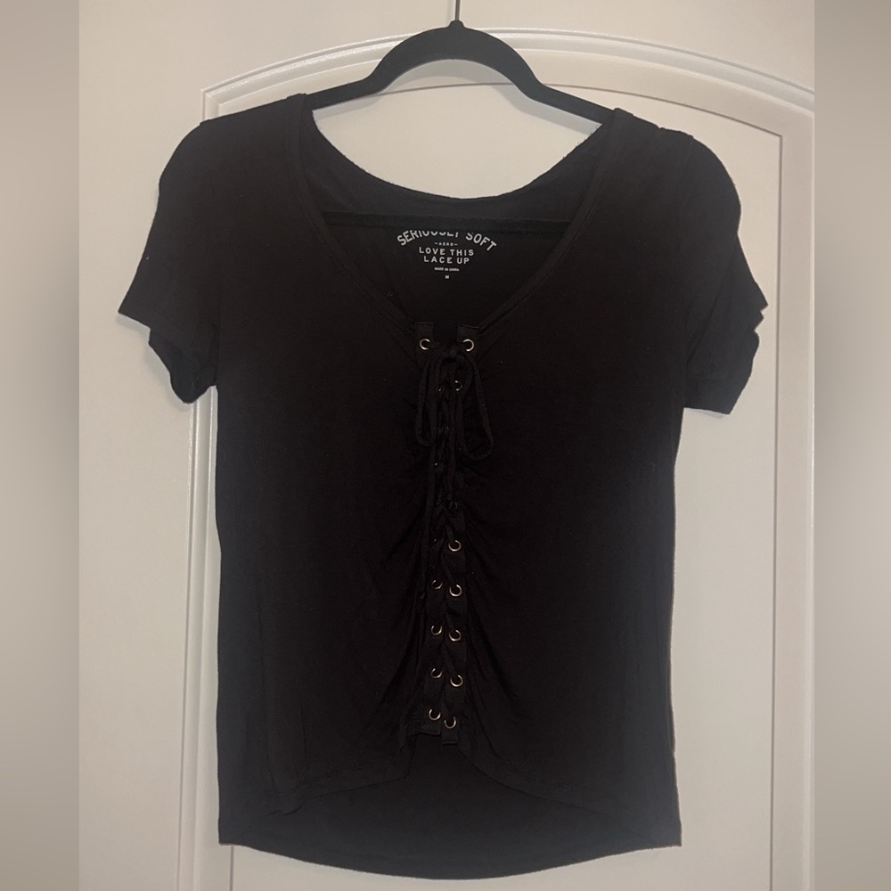 Black Lace Up Short Sleeve